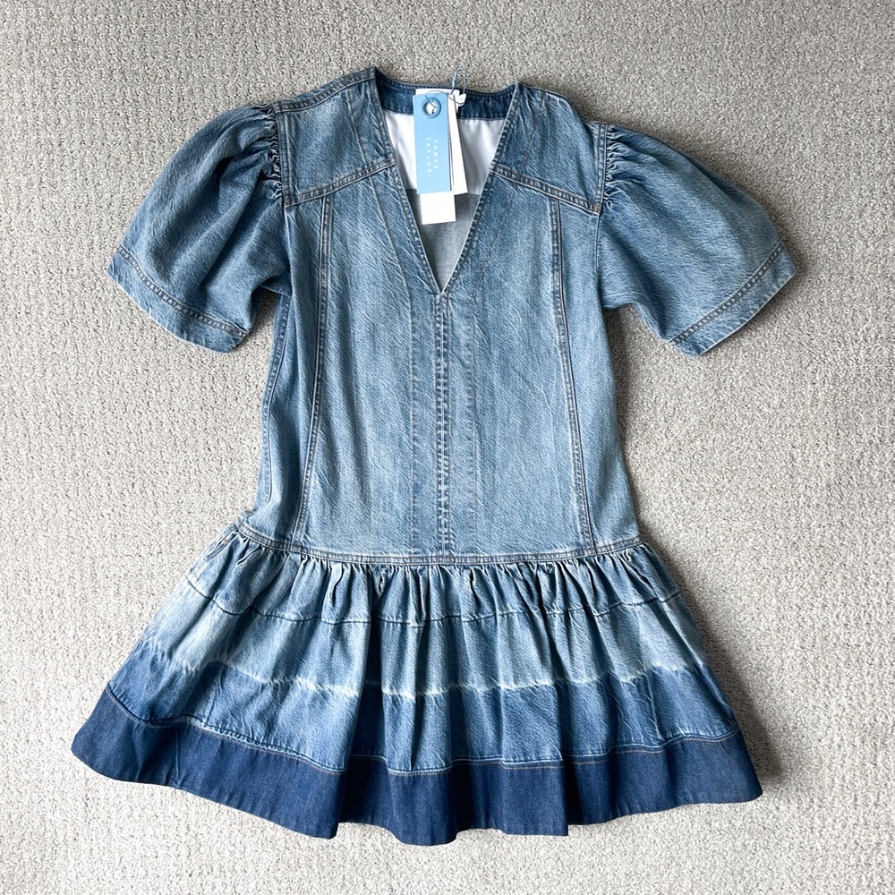 NWT Tanya Taylor Athena V Neck Puff Sleeved Denim Mini Dress Size: 0